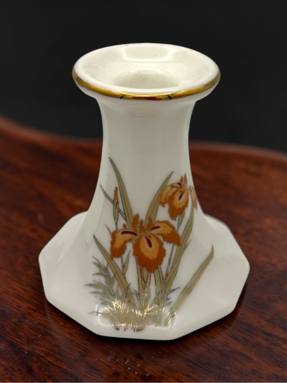 Vintage Fine China Japan Porcelain Candlestick Holder Iris Pattern w/ Gold Trim